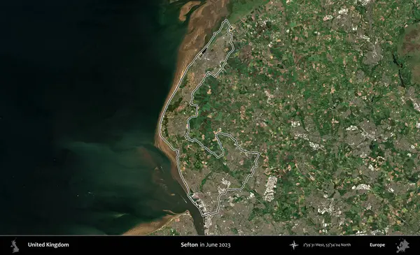 Sefton. Haziran 2023 'te çekilen Kopernik Nöbetçi karolarından oluşan bir uydu görüntüsü üzerinde Birleşik Krallık' ın idari alanının ana hatlarını belirledik.