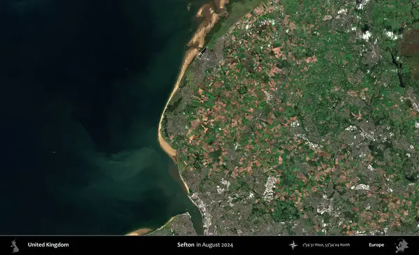 Sefton. Ağustos 2024 'te çekilen Kopernik Nöbetçi karolarından oluşan bir uydu görüntüsü üzerinde Birleşik Krallık' ın idari alanı