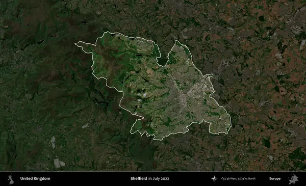 Sheffield. Birleşik Krallık 'ın idari alanı, Temmuz 2022' de çekilen Kopernik Nöbetçi karolarından oluşan koyu renkli bir uydu görüntüsüyle vurgulanmış ve özetlenmiştir.