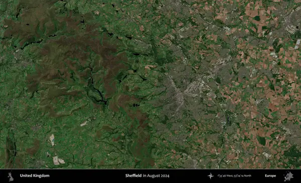 Sheffield. Ağustos 2024 'te çekilen Kopernik Nöbetçi karolarından oluşan bir uydu görüntüsü üzerinde Birleşik Krallık' ın idari alanı