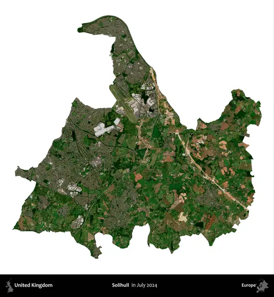 Solihull. Birleşik Krallık 'ın idari alanı, Temmuz 2024' te çekilen Kopernik Nöbetçi karolarından oluşan bir uydu görüntüsü ile beyaza izole edilmiştir.