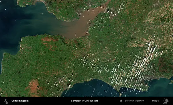 Somerset. Ekim 2018 'de çekilen Kopernik Nöbetçi karolarından oluşan bir uydu görüntüsü üzerinde Birleşik Krallık' ın idari alanı