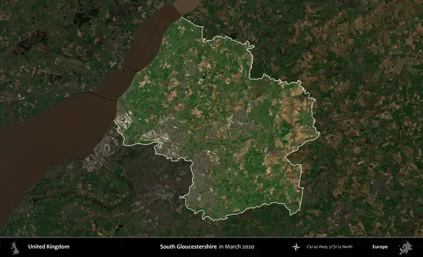 Güney Gloucestershire. Birleşik Krallık 'ın idari alanı, Mart 2020' de çekilen Kopernik Nöbetçi karolarından oluşan koyu renkli bir uydu görüntüsü üzerinde vurgulandı ve özetlendi.