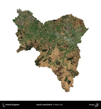 Güney Lanarkshire. Birleşik Krallık 'ın idari alanı, Nisan 2021' de çekilen Kopernik Nöbetçi karolarından oluşan bir uydu görüntüsü üzerinde beyaza izole edilmiştir.