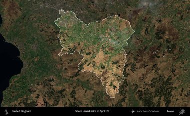 Güney Lanarkshire. Birleşik Krallık 'ın idari alanı, Nisan 2021' de çekilen Kopernik Nöbetçi karolarından oluşan koyu renkli bir uydu görüntüsü üzerinde vurgulandı ve özetlendi.