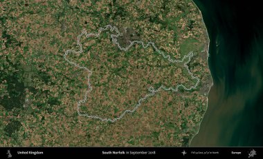 Güney Norfolk. Eylül 2018 'de çekilen Kopernik Nöbetçi karolarından oluşan bir uydu görüntüsü üzerinde Birleşik Krallık' ın idari alanının ana hatlarını belirledik.