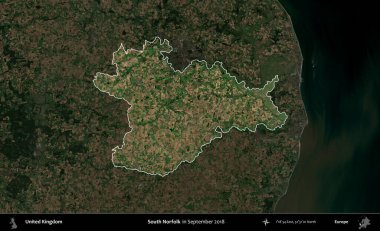 Güney Norfolk. Birleşik Krallık 'ın idari alanı, Eylül 2018' de çekilen Kopernik Nöbetçi karolarından oluşan koyu renkli bir uydu görüntüsü üzerinde vurgulandı ve özetlendi.