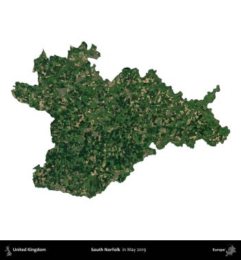 Güney Norfolk. Birleşik Krallık 'ın idari alanı, Mayıs 2019' da çekilen Kopernik Nöbetçi karolarından oluşan bir uydu görüntüsü üzerinde beyaza izole edilmiştir.