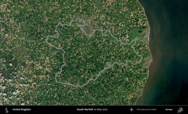 Güney Norfolk. Mayıs 2019 'da çekilen Copernicus Sentinel karolarından oluşan bir uydu görüntüsü üzerinde Birleşik Krallık' ın idari bölgesinin ana hatlarını belirledik.