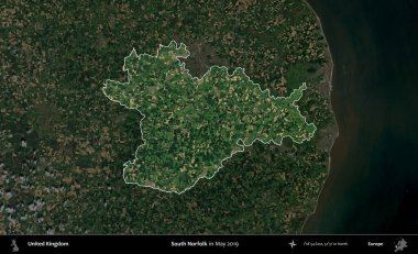 Güney Norfolk. Birleşik Krallık 'ın idari alanı, Mayıs 2019' da çekilen Kopernik Nöbetçi karolarından oluşan koyu renkli bir uydu görüntüsü üzerinde vurgulandı ve özetlendi.
