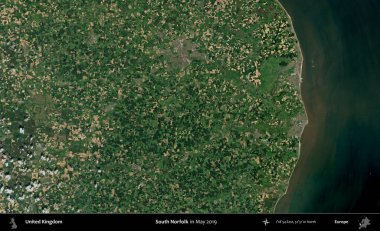 Güney Norfolk. Mayıs 2019 'da Copernicus Sentinel karolarından oluşan bir uydu görüntüsü üzerinde Birleşik Krallık' ın idari alanı