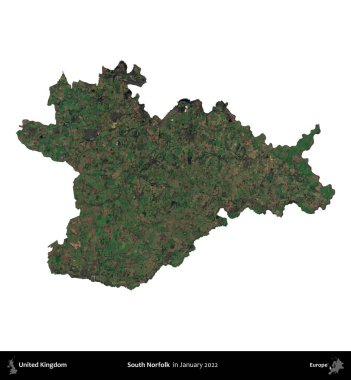 Güney Norfolk. Birleşik Krallık 'ın idari alanı, Copernicus Sentinel' in Ocak 2022 'de çekilen uydu görüntüsüyle beyaza izole edildi.