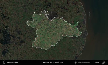 Güney Norfolk. Birleşik Krallık 'ın idari alanı, Ocak 2022' de çekilen Kopernik Nöbetçi karolarından oluşan koyu renkli bir uydu görüntüsü üzerinde vurgulandı ve özetlendi.