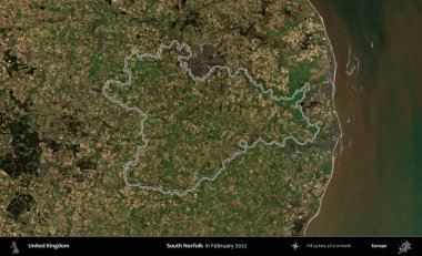 Güney Norfolk. Şubat 2022 'de çekilen Kopernik Nöbetçi karolarından oluşan bir uydu görüntüsü üzerinde Birleşik Krallık' ın idari alanının ana hatlarını belirledik.