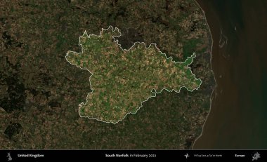 Güney Norfolk. Birleşik Krallık 'ın idari alanı, Şubat 2022' de çekilen Kopernik Nöbetçi karolarından oluşan koyu renkli bir uydu görüntüsü üzerinde vurgulandı ve özetlendi.