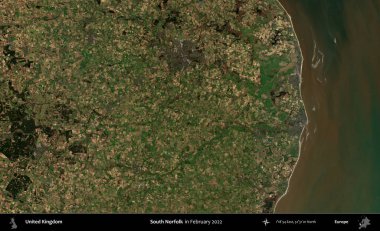 Güney Norfolk. Şubat 2022 'de çekilen Kopernik Nöbetçi karolarından oluşan bir uydu görüntüsü üzerinde Birleşik Krallık' ın idari alanı