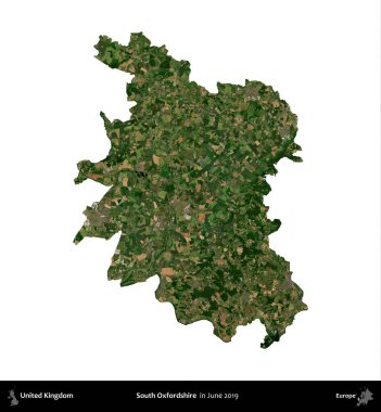 Güney Oxfordshire. Birleşik Krallık 'ın idari alanı, Haziran 2019' da çekilen Kopernik Nöbetçi karolarından oluşan bir uydu görüntüsüyle beyaza izole edilmiştir.