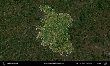 Güney Oxfordshire. Birleşik Krallık 'ın idari alanı, Haziran 2019' da çekilen Kopernik Nöbetçi karolarından oluşan koyu renkli bir uydu görüntüsüyle vurgulanmış ve özetlenmiştir.