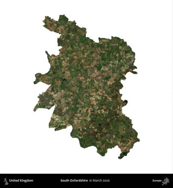 Güney Oxfordshire. Birleşik Krallık 'ın idari alanı, Mart 2020' de çekilen Kopernik Nöbetçi karolarından oluşan bir uydu görüntüsü üzerinde beyaza izole edilmiştir.