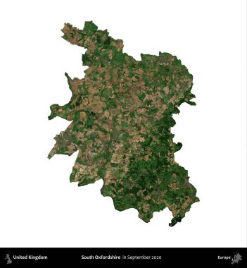 Güney Oxfordshire. Birleşik Krallık 'ın idari alanı, Eylül 2020' de çekilen Kopernik Nöbetçi karolarından oluşan bir uydu görüntüsü üzerinde beyaza izole edilmiştir.