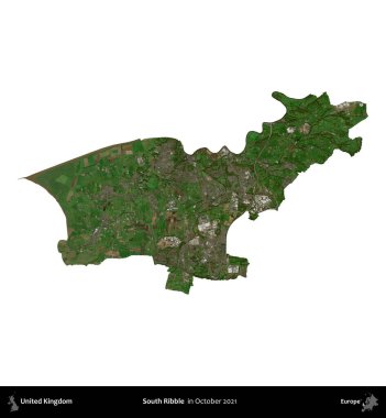 Güney Ribble. Birleşik Krallık 'ın idari alanı, Ekim 2021' de çekilen Kopernik Nöbetçi karolarından oluşan bir uydu görüntüsüyle beyaza izole edildi.