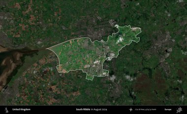 Güney Ribble. Birleşik Krallık 'ın idari alanı, Ağustos 2024' te çekilen Kopernik Nöbetçi karolarından oluşan koyu renkli bir uydu görüntüsü üzerinde vurgulandı ve özetlendi.