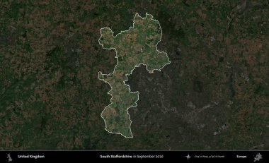 Güney Staffordshire. Birleşik Krallık 'ın idari alanı, Eylül 2020' de çekilen Kopernik Nöbetçi karolarından oluşan koyu renkli bir uydu görüntüsü üzerinde vurgulandı ve özetlendi.