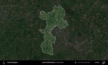 Güney Staffordshire. Birleşik Krallık 'ın idari alanı, Haziran 2024' te çekilen Kopernik Nöbetçi karolarından oluşan koyu renkli bir uydu görüntüsü üzerinde vurgulandı ve özetlendi.