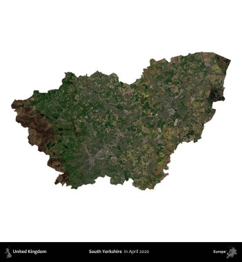 Güney Yorkshire. Birleşik Krallık 'ın idari alanı, Nisan 2020' de çekilen Kopernik Nöbetçi karolarından oluşan bir uydu görüntüsü üzerinde beyaza izole edilmiştir.