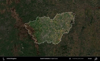Güney Yorkshire. Birleşik Krallık 'ın idari alanı, Nisan 2020' de çekilen Kopernik Nöbetçi karolarından oluşan koyu renkli bir uydu görüntüsü üzerinde vurgulandı ve özetlendi.