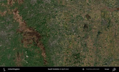 Güney Yorkshire. Nisan 2020 'de çekilen Kopernik Nöbetçi karolarından oluşan bir uydu görüntüsü üzerinde Birleşik Krallık' ın idari alanı
