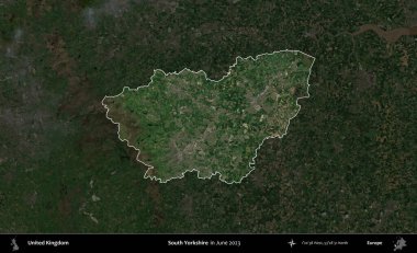 Güney Yorkshire. Birleşik Krallık 'ın idari alanı, Haziran 2023' te çekilen Kopernik Nöbetçi karolarından oluşan koyu renkli bir uydu görüntüsüyle vurgulanmış ve özetlenmiştir.