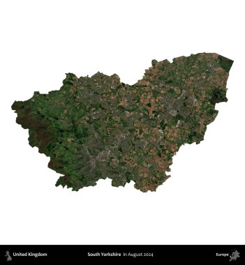 Güney Yorkshire. Birleşik Krallık 'ın idari alanı, Ağustos 2024' te çekilen Kopernik Nöbetçi karolarından oluşan bir uydu görüntüsü üzerinde beyaza izole edilmiştir.
