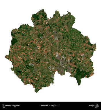 Stafford. Birleşik Krallık 'ın idari alanı, Temmuz 2022' de çekilen Kopernik Nöbetçi karolarından oluşan bir uydu görüntüsüyle beyaza izole edildi.