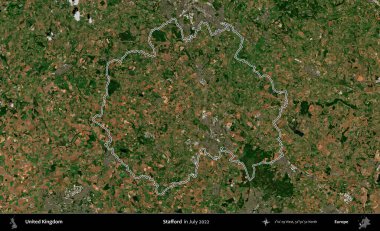 Stafford. Temmuz 2022 'de çekilen Copernicus Sentinel karolarından oluşan bir uydu görüntüsü üzerinde Birleşik Krallık' ın idari bölgesinin ana hatlarını belirledik.