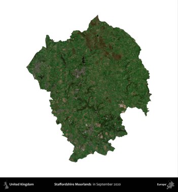 Staffordshire bozkırları. Birleşik Krallık 'ın idari alanı, Eylül 2020' de çekilen Kopernik Nöbetçi karolarından oluşan bir uydu görüntüsü üzerinde beyaza izole edilmiştir.