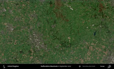 Staffordshire bozkırları. Eylül 2020 'de Copernicus Sentinel karolarından oluşan bir uydu görüntüsü üzerinde Birleşik Krallık' ın idari alanı