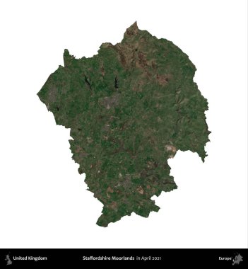 Staffordshire bozkırları. Birleşik Krallık 'ın idari alanı, Nisan 2021' de çekilen Kopernik Nöbetçi karolarından oluşan bir uydu görüntüsü üzerinde beyaza izole edilmiştir.