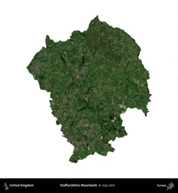 Staffordshire bozkırları. Birleşik Krallık 'ın idari alanı, Temmuz 2021' de çekilen Kopernik Nöbetçi karolarından oluşan bir uydu görüntüsü ile beyaza izole edilmiştir.