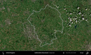 Staffordshire bozkırları. Temmuz 2021 'de çekilen Copernicus Sentinel karolarından oluşan bir uydu görüntüsü üzerinde Birleşik Krallık' ın idari bölgesinin ana hatlarını belirledik.