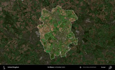 Aziz Albans. Birleşik Krallık 'ın idari alanı, Ekim 2022' de çekilen Kopernik Nöbetçi karolarından oluşan koyu renkli bir uydu görüntüsü üzerinde vurgulandı ve özetlendi.