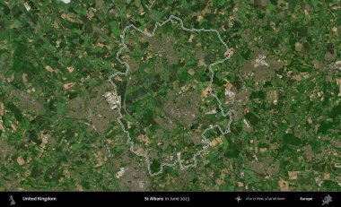 Aziz Albans. Haziran 2023 'te çekilen Kopernik Nöbetçi karolarından oluşan bir uydu görüntüsü üzerinde Birleşik Krallık' ın idari alanının ana hatlarını belirledik.