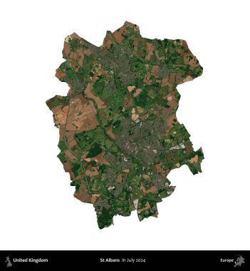 Aziz Albans. Birleşik Krallık 'ın idari alanı, Temmuz 2024' te çekilen Kopernik Nöbetçi karolarından oluşan bir uydu görüntüsü ile beyaza izole edilmiştir.
