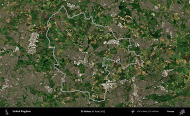 Aziz Helens. Haziran 2023 'te çekilen Kopernik Nöbetçi karolarından oluşan bir uydu görüntüsü üzerinde Birleşik Krallık' ın idari alanının ana hatlarını belirledik.