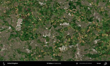 Aziz Helens. Haziran 2023 'te çekilen Kopernik Nöbetçi karolarından oluşan bir uydu görüntüsü üzerinde Birleşik Krallık' ın idari alanı