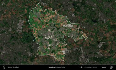 Aziz Helens. Birleşik Krallık 'ın idari alanı, Ağustos 2024' te çekilen Kopernik Nöbetçi karolarından oluşan koyu renkli bir uydu görüntüsü üzerinde vurgulandı ve özetlendi.