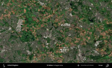 Aziz Helens. Ağustos 2024 'te çekilen Kopernik Nöbetçi karolarından oluşan bir uydu görüntüsü üzerinde Birleşik Krallık' ın idari alanı