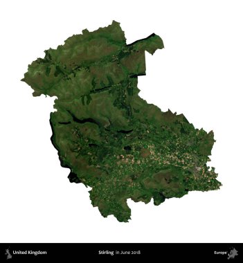 Stirling. Birleşik Krallık 'ın idari alanı, Haziran 2018' de çekilen Kopernik Nöbetçi karolarından oluşan bir uydu görüntüsüyle beyaza izole edilmiştir.