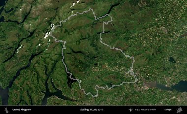 Stirling. Haziran 2018 'de çekilen Kopernik Nöbetçi karolarından oluşan bir uydu görüntüsü üzerinde Birleşik Krallık' ın idari alanının ana hatlarını belirledik.