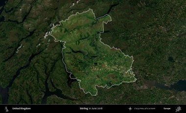 Stirling. Birleşik Krallık 'ın idari alanı, Haziran 2018' de çekilen Kopernik Nöbetçi karolarından oluşan koyu renkli bir uydu görüntüsü üzerinde vurgulandı ve özetlendi.